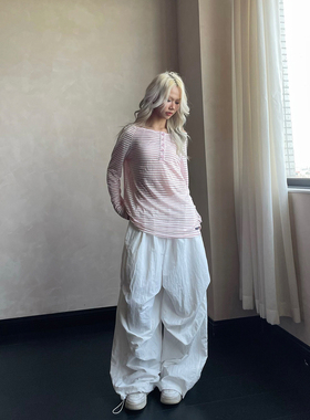 YAMMYUKI慵懒风大领口斜肩条纹长袖T恤秋季薄款微透防晒宽松上衣