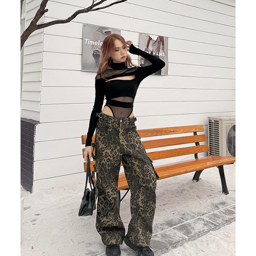 美式复古辣妹豹纹牛仔工装长裤