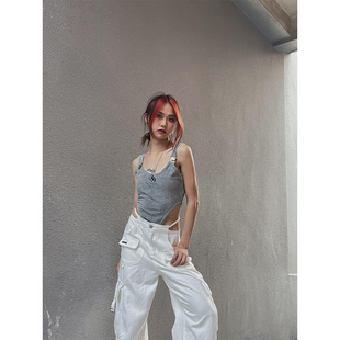 YAMMYUKI欧美性感辣妹运动灰色连体吊带可外穿毛巾料背心上衣女