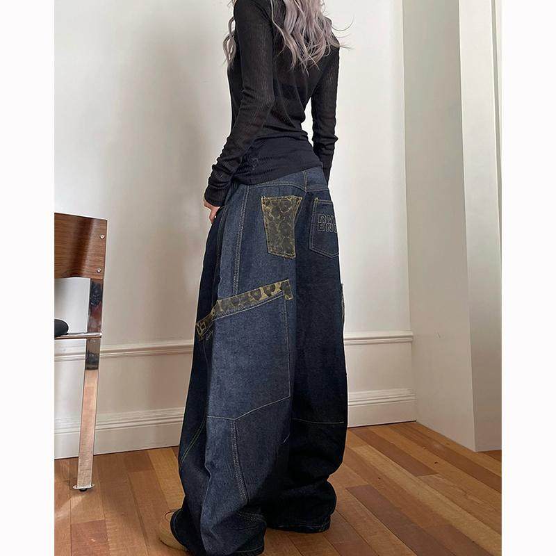 遮肉封神国潮豹纹拼接廓形牛仔裤