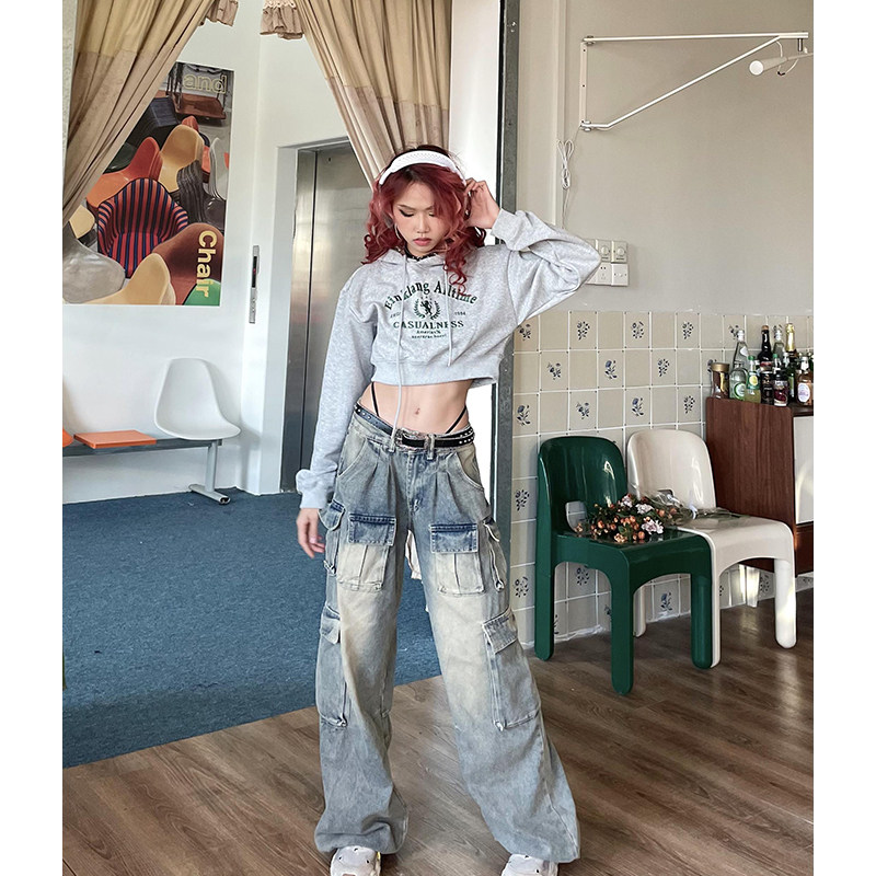 做旧水洗低腰多口袋拖地牛仔裤