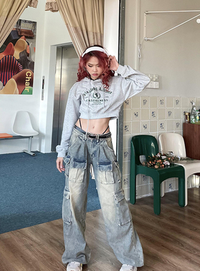 YAMMYUKI美式复古做旧水洗低腰多口袋y2k辣妹宽松阔腿拖地牛仔裤