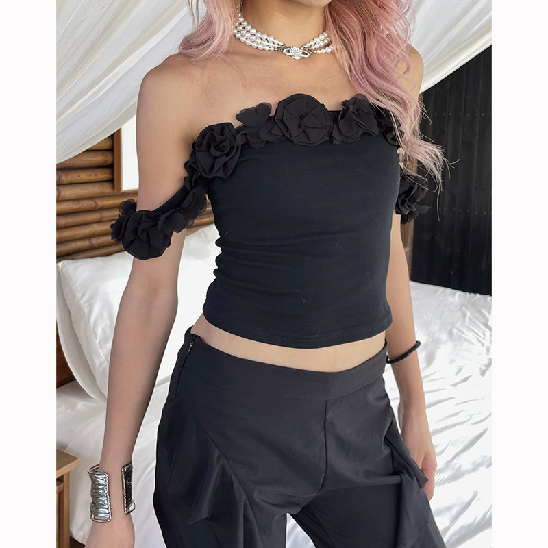 蕾丝花朵边一字肩无袖背心女