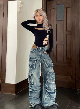 YAMMYUKI多口袋工装牛仔裤男女街头风辣妹做旧重工水洗阔腿长裤