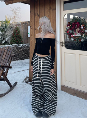 YAMMYUKI复古慵懒条纹刺绣抽绳休闲裤女宽松显瘦百搭阔腿拖地长裤