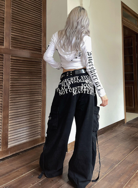 YAMMYUKI黑色字母印花重工多口袋工装裤高级感慵懒宽松拖地长裤