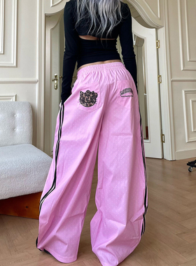 YAMMYUKI美式趣味后口袋刺绣kitty猫粉色波点阔腿宽松显瘦长裤