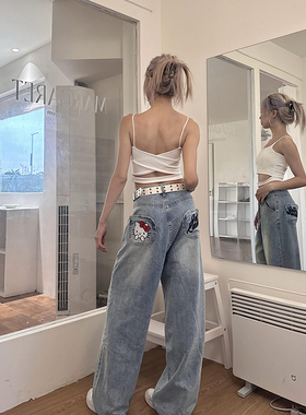 YAMMYUKI夏日hellokitty刺绣薄款宽松浅蓝色牛仔裤阔腿长裤潮