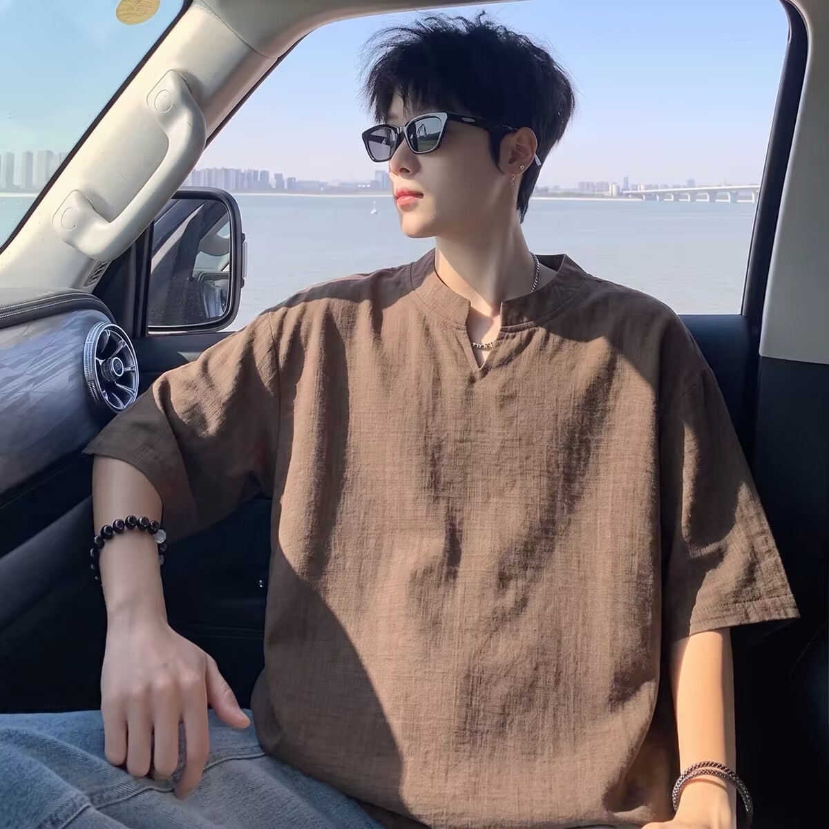 慵懒松弛感仿亚麻短袖T恤男生夏图片