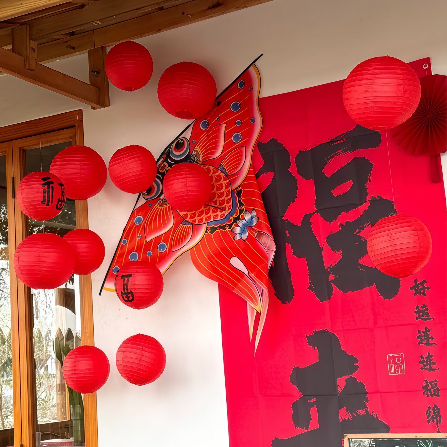 新年店铺橱窗金鱼风筝红色纸灯笼氛围感挂饰喜庆场景春节造景背景,节庆用品/礼品,装扮布置套餐,淘宝优惠券,粉丝福利购,淘宝优惠卷