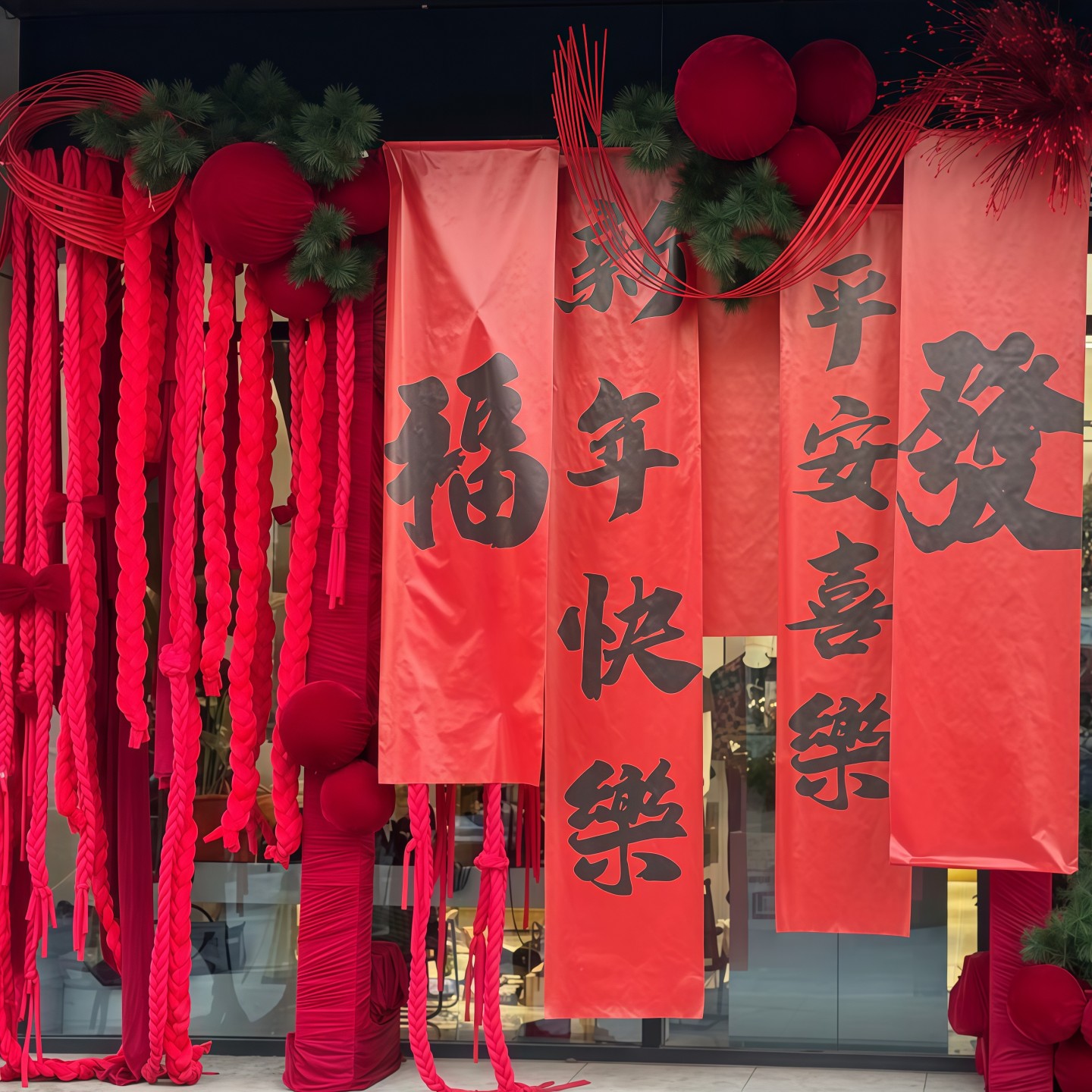 新年红色编织麻花辫挂饰春节挂布丝绒球竹片店铺橱窗元旦造景背景