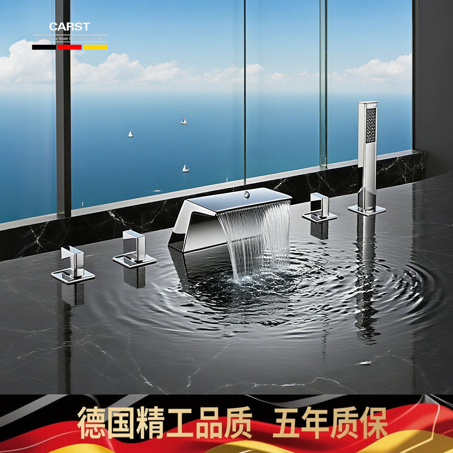 德国精工卫浴五件套浴缸龙头瀑布式全铜分体坐式缸边淋浴花洒组合