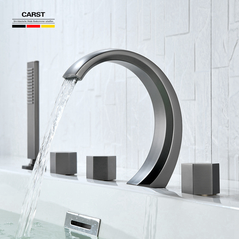 德国精工五件套浴缸龙头瀑布全铜分体坐式缸边冷热水带淋浴花洒