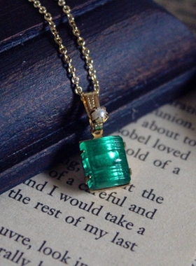 硬糖｜西德Vintage古董方形绿波纹莱茵石手工项链