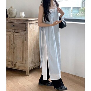 包邮 首尔印象韩代25初夏新款 时髦系带长裙吊带连衣裙两件套装女