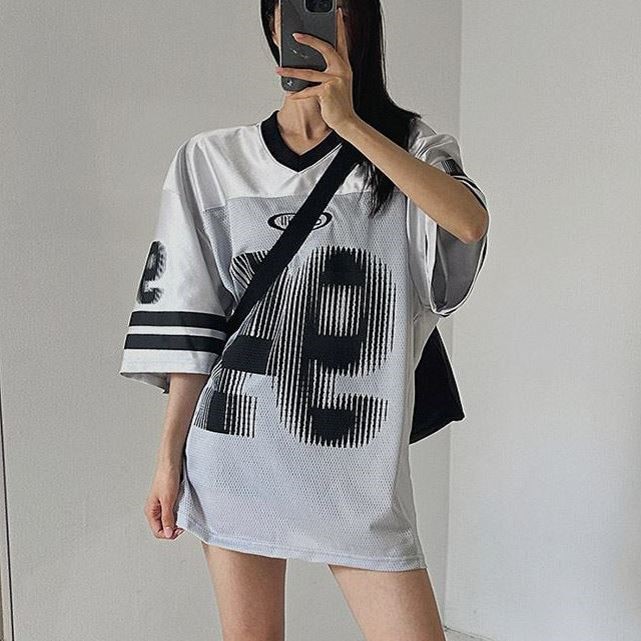 包邮 首尔印象韩代 韩系休闲运动风数字拼接圆领短袖T恤25秋装女