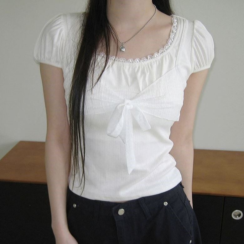 包邮 首尔印象韩代 可爱少女风花边拼接系带短袖T恤上衣夏季新款