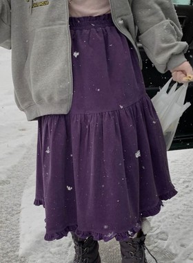直邮 首尔印象韩代 25fw 松紧腰紫色木耳边灯芯绒厚半身中长裙