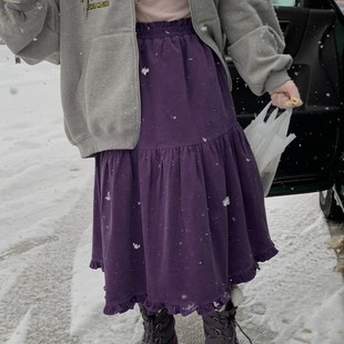 直邮 首尔印象韩代 25fw 松紧腰紫色木耳边灯芯绒厚半身中长裙