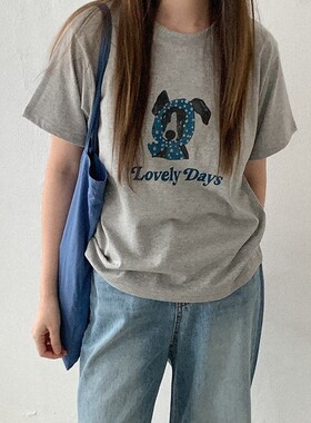 直邮 首尔印象韩代 26ss 减龄可爱小狗印花圆领宽松短袖T恤上衣女