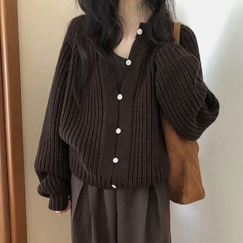 包邮 东大门代购 复古纯色宽松圆领竖条纹针织开衫外套女秋冬新款