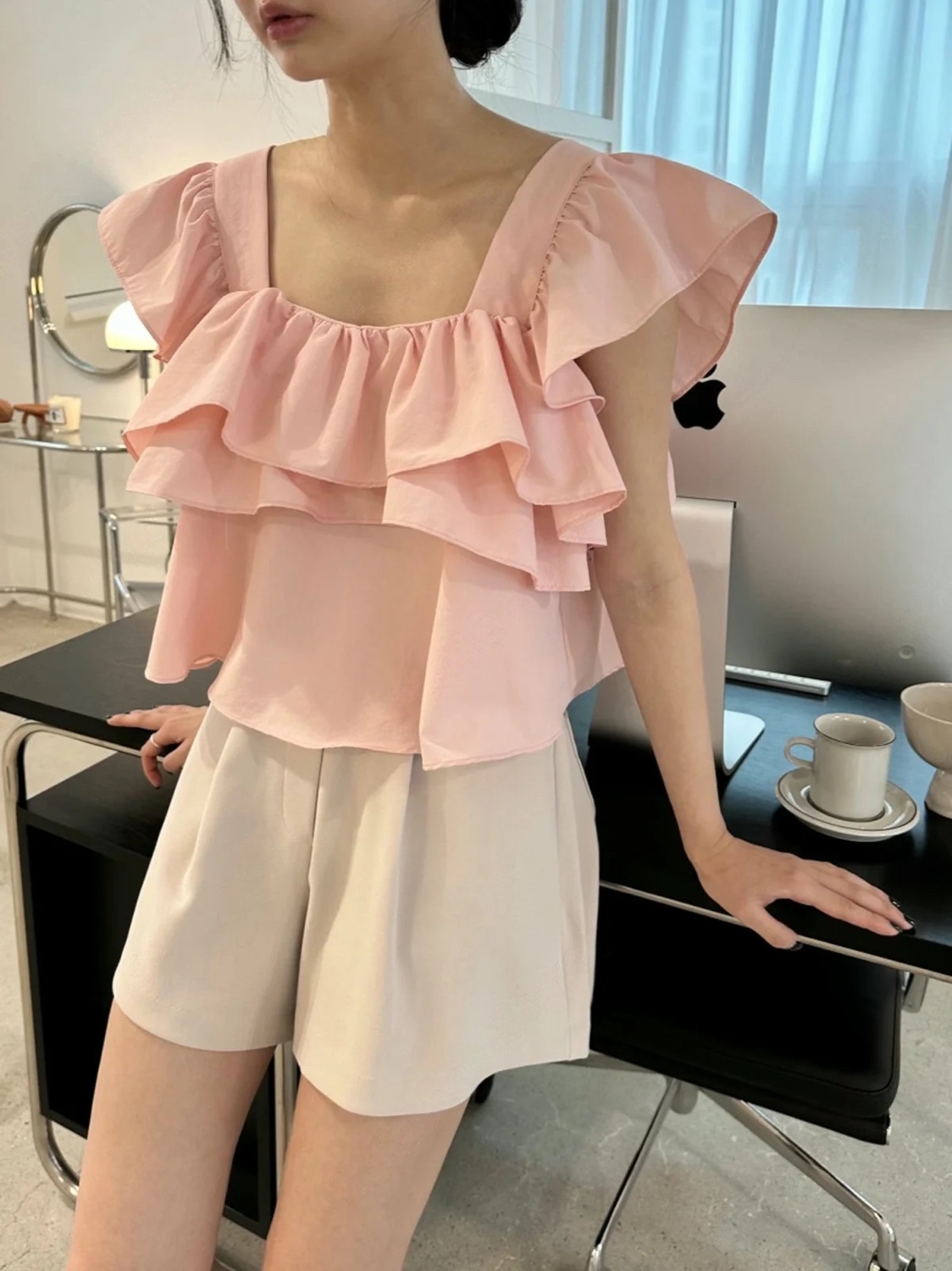 直邮 首尔印象韩代25夏季新款 小众博主荷叶边飞飞袖可爱衬衫少女