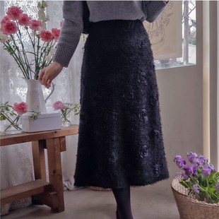 直邮 首尔印象韩代 25fw 复古温柔立体玫瑰花朵毛绒绒A字半身长裙