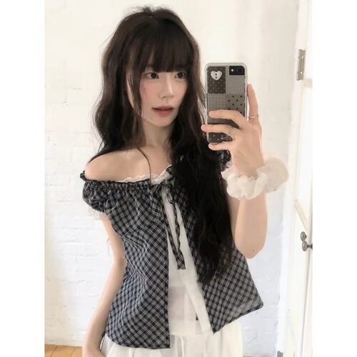 首尔印象韩代 26ss 韩女温柔可人露肩叠穿系带假两件格子衬衫
