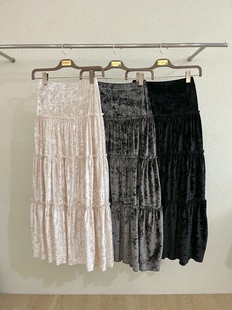 韩系小姐姐珠光感丝绒康康褶半身长裙秋冬 EMPTY 直邮 东大门代购