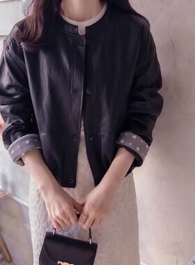 直邮 首尔印象韩代 26ss 蕾丝蝴蝶结卷边袖口宽松PU皮衣外套女