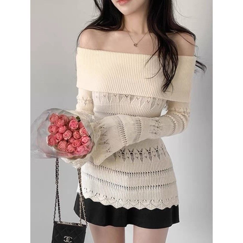 直邮 首尔印象韩代 25fw 镂空花纹翻边一字领露肩喇叭袖针织衫女,女装/女士精品,毛针织衫,淘宝优惠券,粉丝福利购,淘宝优惠卷