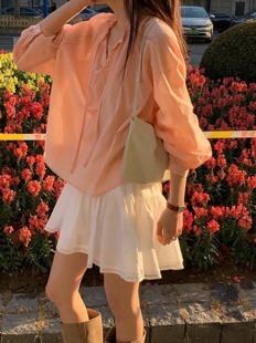 over 衬衫 26SS 温柔木耳边半开领系带长袖 女早春 东大门代购 all