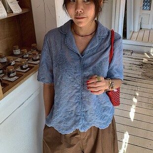 首尔印象韩代 26ss 文艺复古花边刺绣提花名族风短袖衬衫女