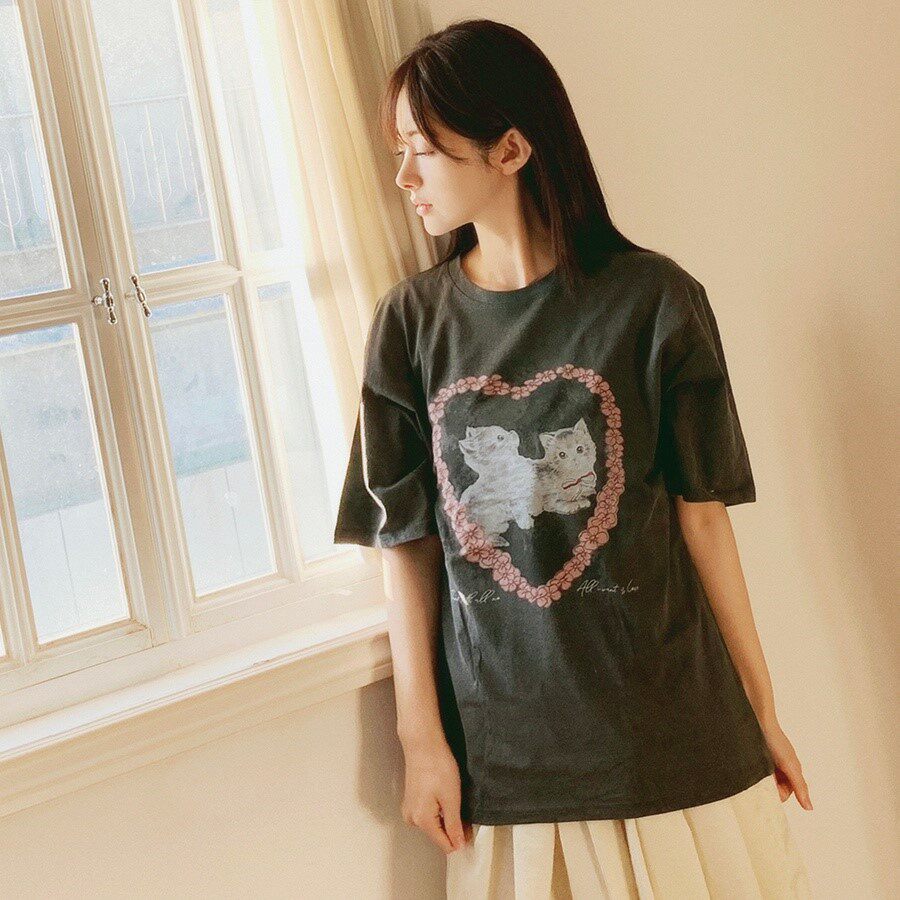 包邮 首尔印象韩代 26ss 可爱爱心猫咪圆领宽松棉质短袖T恤女上衣