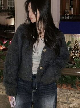 包邮 首尔印象韩代 25fw 复古软糯毛绒绒V领宽松毛衣开衫外套女