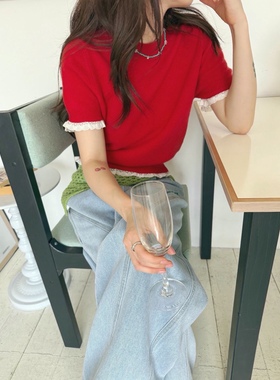 直邮 standing 25fw 首尔印象韩代 红色木耳边袖软糯短袖针织衫女