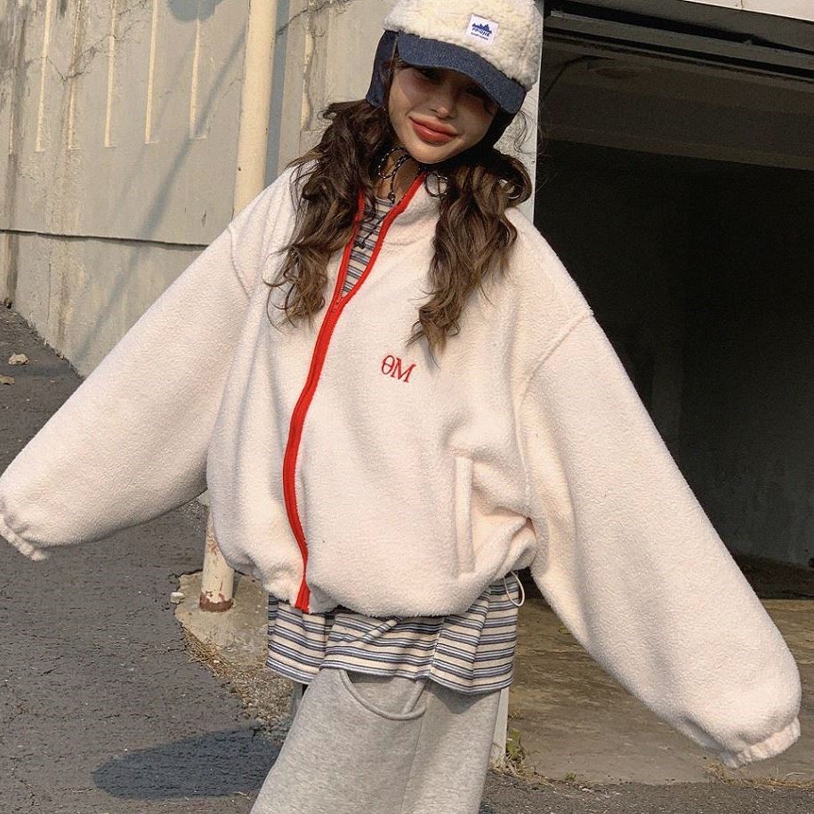 直邮 onthemood正品 25fw 韩代温暖宽松落肩摇粒绒拉链外套女