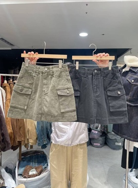 直邮 首尔印象韩代 25fw CELLONA 帅酷口袋A字高腰防走光工装短裙