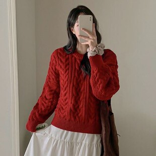 包邮 首尔印象韩代 25fw 日常通勤风热情红色麻花纹套头毛衣