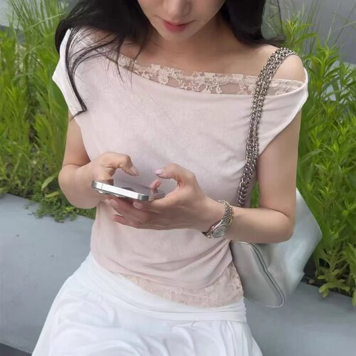 afarrier 26ss 东大门代购 温柔风叠层蕾丝露肩修身显瘦短袖T恤女