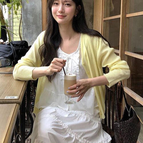 直邮 首尔印象韩代 26ss 温柔坑螺纹V领防晒针织开衫女夏季新款