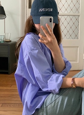 直邮 首尔印象韩代 all over少女感天蓝色竖条纹翻领长袖衬衫25秋