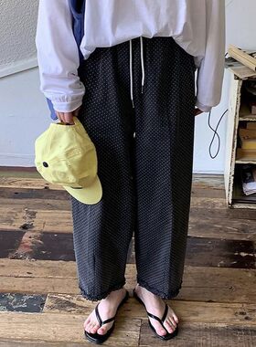 包邮 首尔印象韩代 26ss 日韩风抽绳松紧腰圆点木耳边阔腿休闲裤
