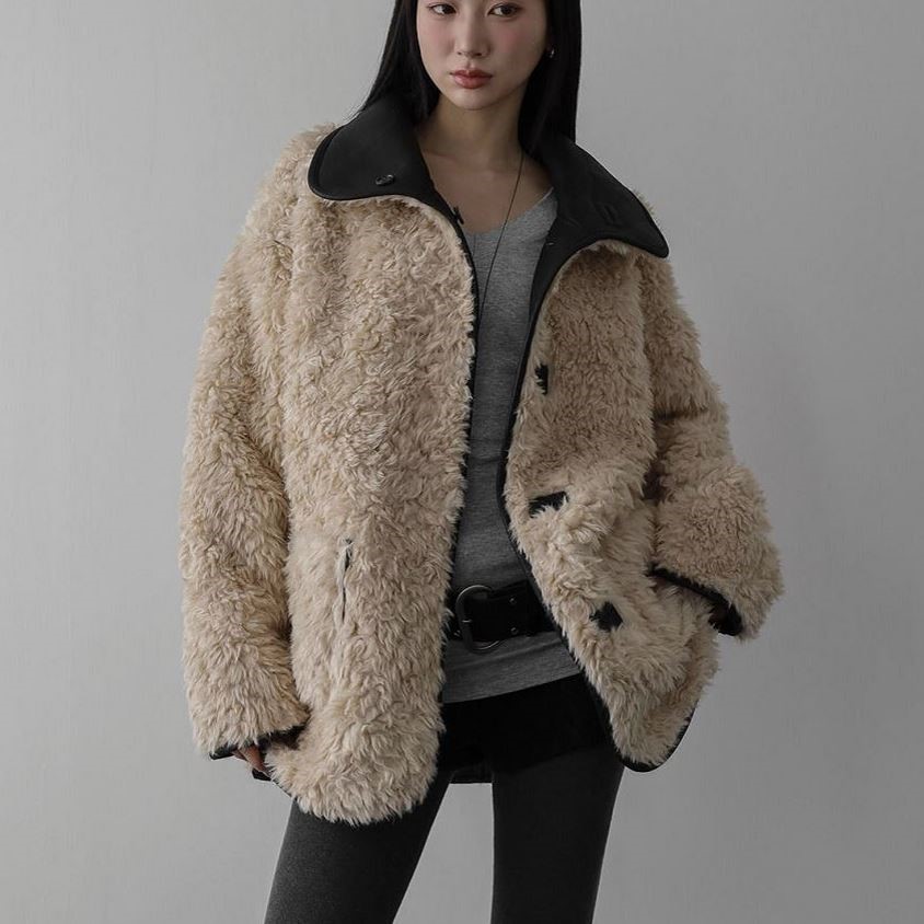 直邮 首尔印象韩代 25fw 正反两穿温暖毛毛羊羔绒皮毛一体外套女