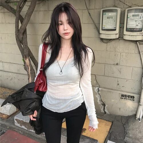 hypnotic同款 首尔印象韩代 26fw 东大门V领薄款透视褶皱打底T恤