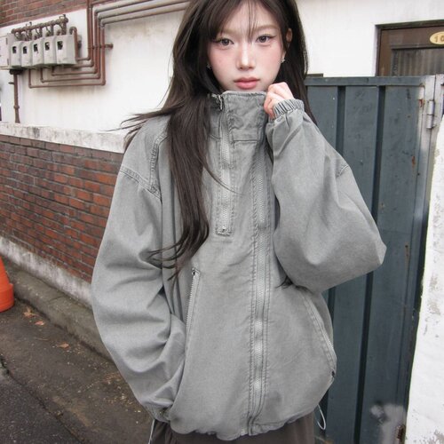 modimood 首尔印象韩代 26fw水洗做旧夹克女立领宽松拉链工装外套