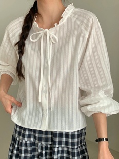 trimming 26SS 东大门代购 少女风清新提花竖条纹系带木耳边衬衫