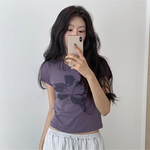 首尔印象韩代 26ss 日系原宿风大花朵印花圆领显瘦短袖T恤女