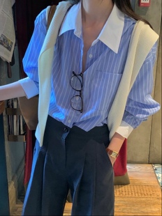 ALL OVER 26ss 东大门代购 通勤风撞色翻领蓝色竖条纹长袖衬衫女