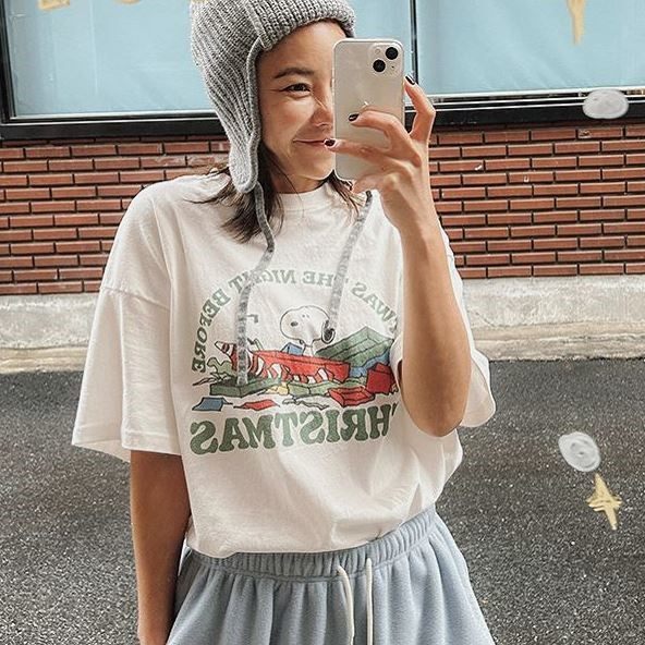 直邮 东大门代购 可爱卡通史努比圆领纯棉短袖T恤女秋冬新款